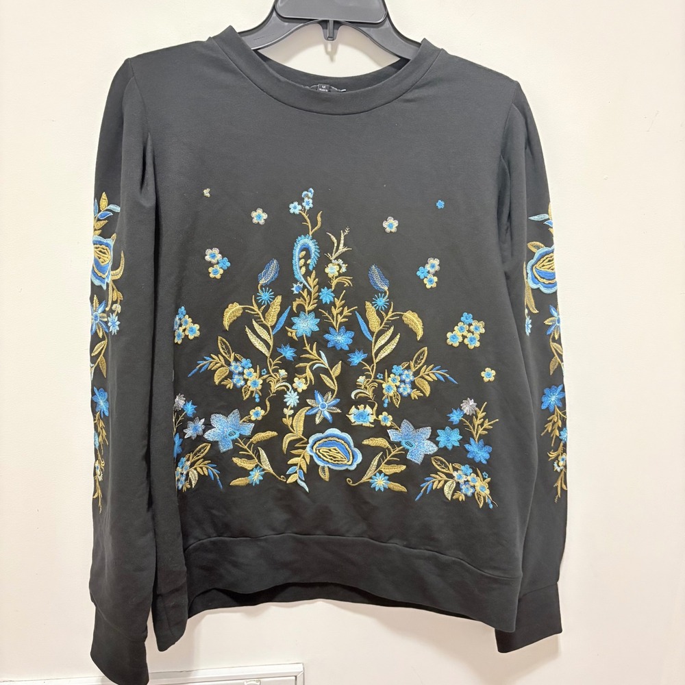 Anthropologie Drew Floral Embroidered Sweatshirt Womens Black M Long Sleeve